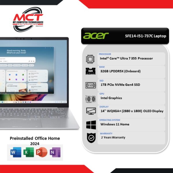 Acer Swift Edge 14 AI SFE14-I51-737C 14" WQXGA+ OLED Laptop Aurora White (CU7 355, 32GB LPDDR5X, 1TB SSD, Intel, W11, HS+M365, 2Y)