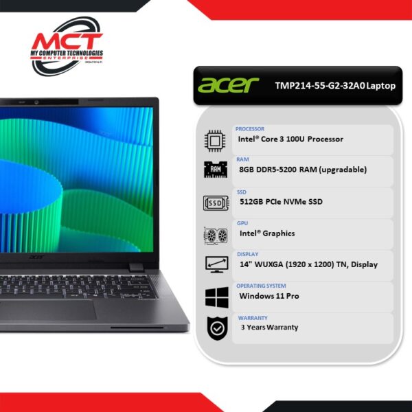 Acer TravelMate TMP214-55-G2-32A0 14'' WUXGA Laptop Grey (C3-100U, 8GB DDR5, 512GB SSD, Intel, W11P, 3Y)