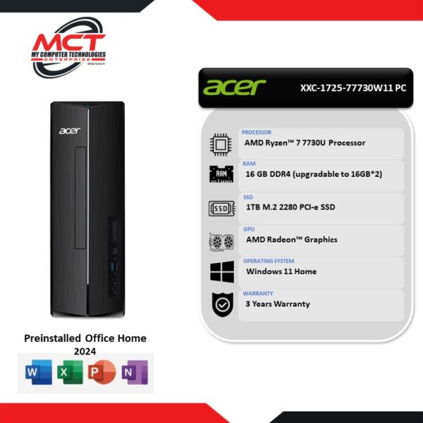 Acer Aspire XC-1725-77730W11 PC (R7-7730U, 16GB DDR4, 1TB SSD, AMD Radeon, W11, H&S, 3Y)
