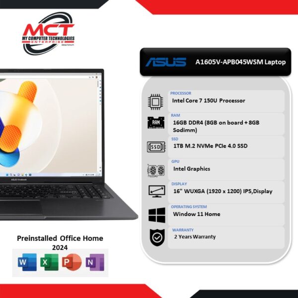 Asus VivoBook 16 A1605V-APB045WSM 16" WUXGA Laptop (C7-150U, 16GB DDR4 , 1TB SSD, ATI, W11, HS+M365 , 2Y)