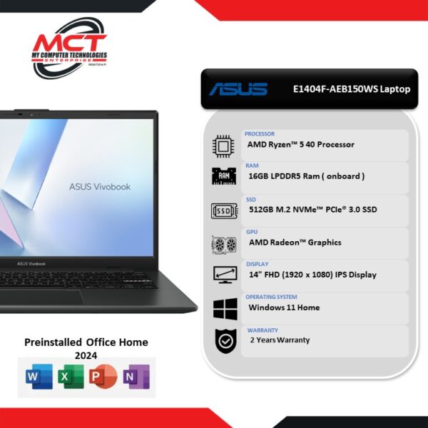 Asus VivoBook Go 15 E1404F-AEB150WS 14'' FHD Laptop (R5-40, 16GB LPDDR5 , 512GB SSD, ATI, W11, HS+M365 , 2Y)