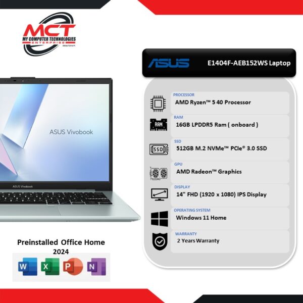Asus VivoBook Go 15 E1404F-AEB150WS 14'' FHD Laptop (R5-40, 16GB LPDDR5 , 512GB SSD, ATI, W11, HS+M365 , 2Y)