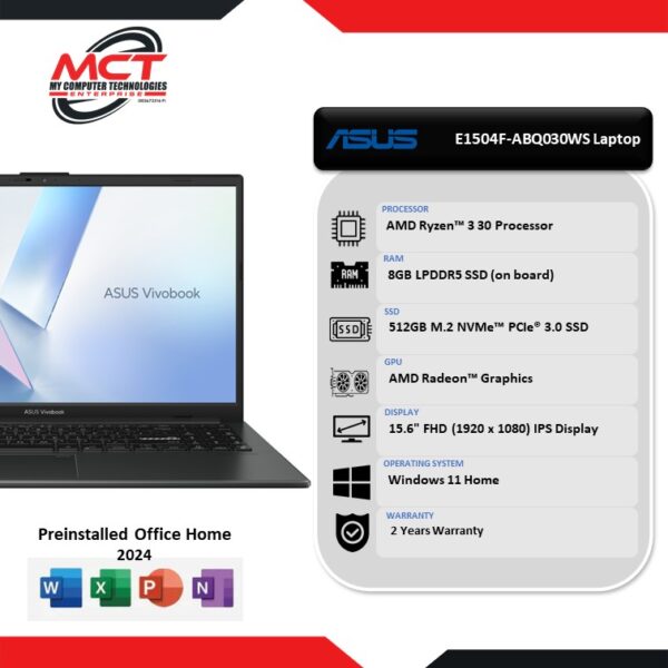 Asus VivoBook Go 15 E1504F-ABQ030WS 15.6'' FHD Laptop (R3-30 ,8GB LPDDR5 ,512GB SSD, W11 ,HS+M365 , 2Y)