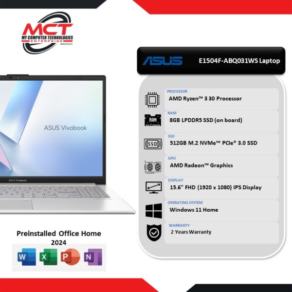 Asus VivoBook Go 15 E1504F-ABQ031WS 15.6'' FHD Laptop (R3-30 ,8GB LPDDR5 ,512GB SSD, W11 ,HS+M365 , 2Y)