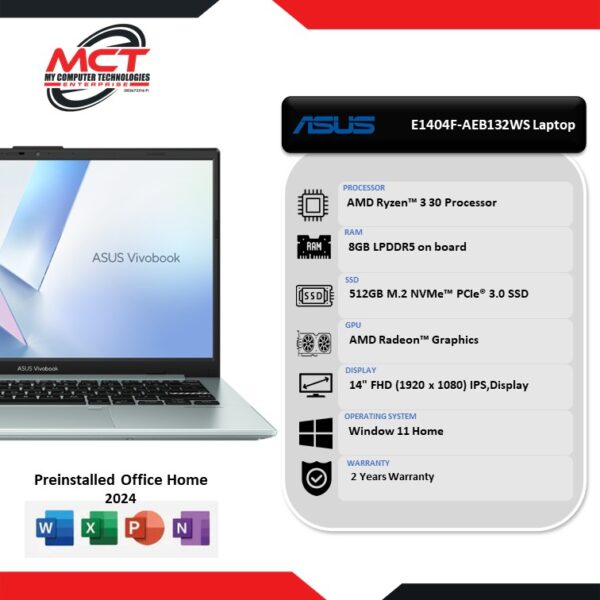Asus Vivobook Go 14 E1404F-AEB132WS 14'' FHD Laptop (R3-30, 8GB LPDDR5, 512GB SSD, ATI, W11, HS+M365 , 2Y)