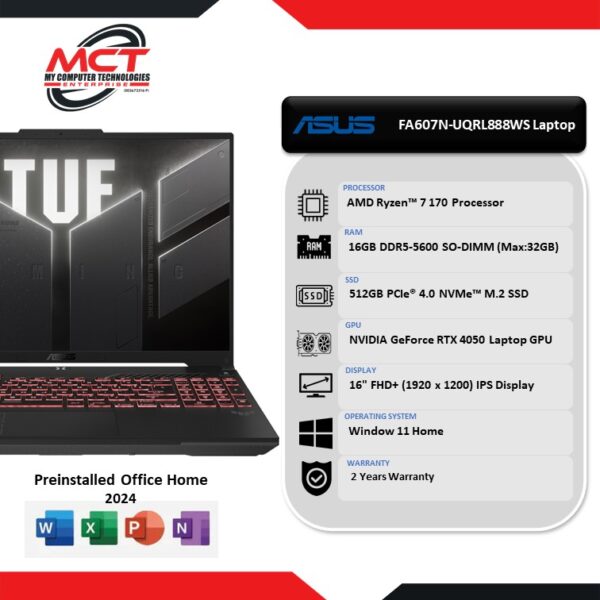 Asus TUF A16 FA607N-UQRL888WS 16" FHD+ 144Hz Gaming Laptop Mecha Gray (R7-170, 16GB DDR5, 512GB SSD, RTX4050 6GB, W11, HS+365 , 2Y)