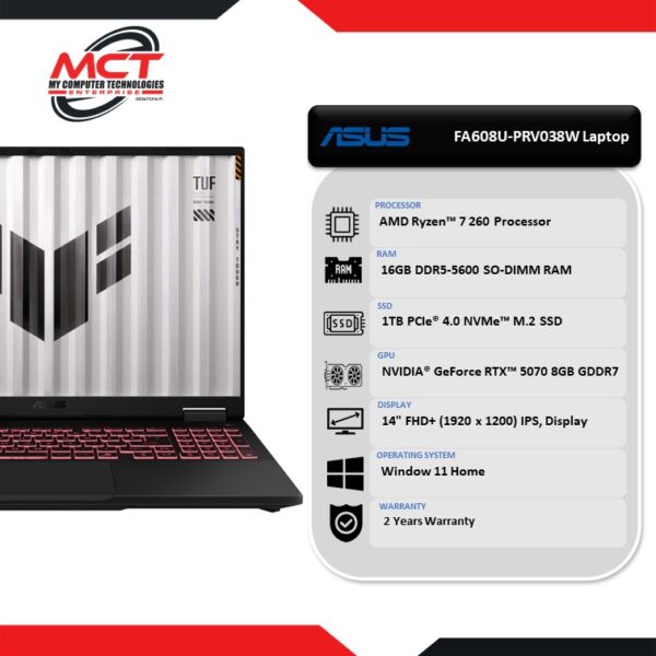 Asus TUF Gaming A16 FA608U-PRV038W 16" WUXGA 165Hz Gaming Laptop Jaeger Gray (R7-260, 16GB DDR5, 1TB SSD, RTX™ 5070,  W11 , 2Y)