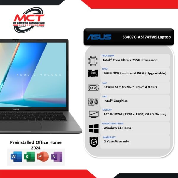 Asus Vivobook S14 S3407C-ASF745WS 14" WUXGA Laptop Matte Gray (CU7-255H, 16GB DDR5, 512GB SSD, Intel, W11, HS+M365 , 2Y)