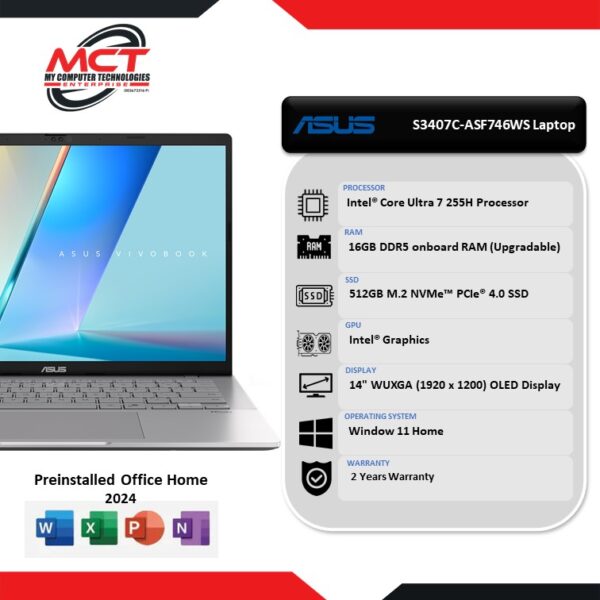 Asus Vivobook S14 S3407C-ASF746WS 14" WUXGA Laptop Cool Silver (CU7-255H, 16GB DDR5, 512GB SSD, Intel, W11, HS+M365 , 2Y)