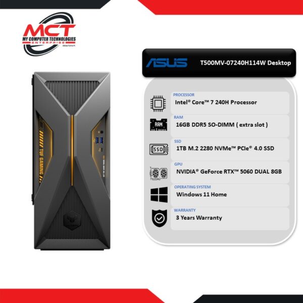 ASUS TUF Gaming T500 T500MV-07240H114W Solar Eclipse Gray (C7-240H, 16GB DDR5, 1TB SSD, RTX5060 8GB, W11 , 3Y)