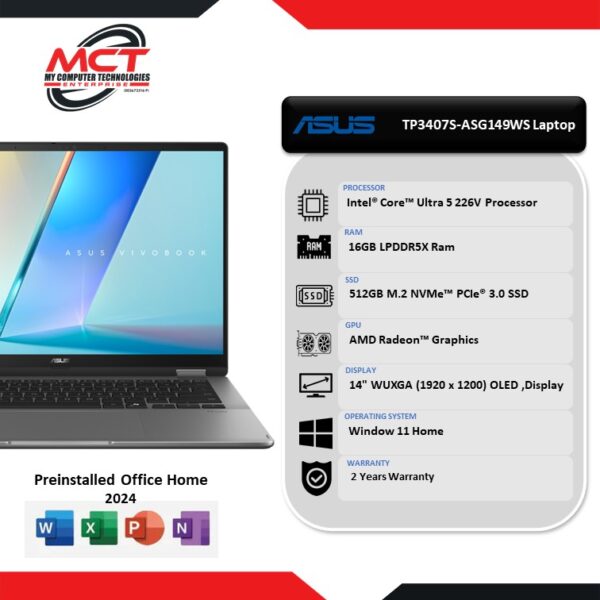 Asus Vivobook Flip TP3407S-ASG149WS 16'' WUXGA Laptop (CU5-226V, 16GB LPDDR5X , 512GB SSD, AMD Radeon, W11, HS+M365 , 2Y)