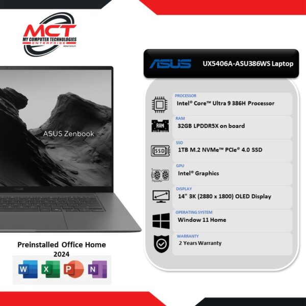 ASUS Zenbook S14 OLED UX5406A-ASU386WS 14" 3K Laptop (CU9-386H, 32GB LPDDR5X, 1TB SSD, Intel, W11, HS+M365 , 2Y)