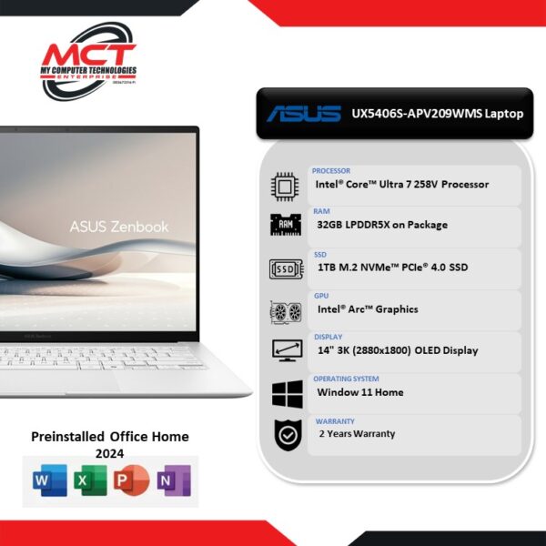 Asus ZenBook 14S OLED UX5406S-APV209WMS 14'' 3K Laptop Scandinavian White (CU7-258V, 32GB LPDDR5X, 1TB SSD, Intel, W11, HS+M365 , 2Y)
