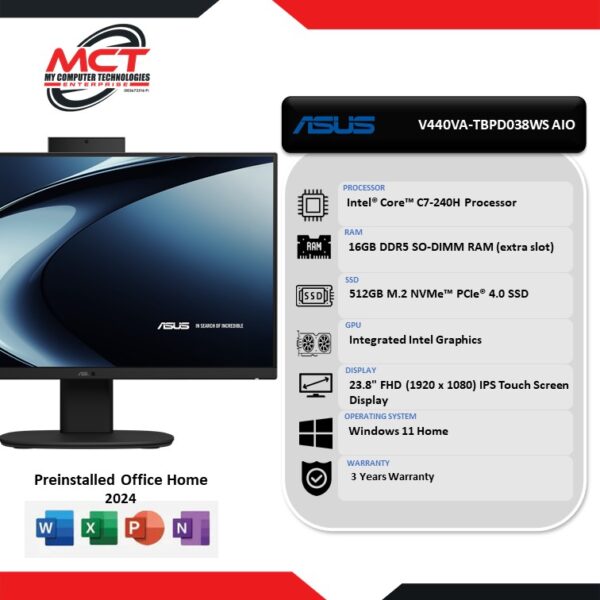 Asus AIO V440VA-TBPD038WS 23.8" FHD All-In-One Desktop PC (C7-240H, 16GB DDR5, 512GB SSD, Intel, W11, HS+M365 , 3Y)