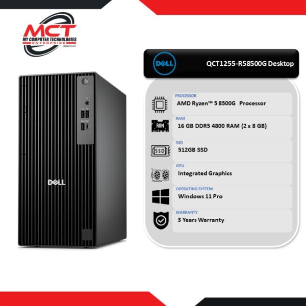 Dell Pro QCT1255-R58500G-16GB-512GB Tower Desktop PC Black (R5 8500G, 16GB DDR5, 512GB SSD, ATI, W11P, 3Y)
