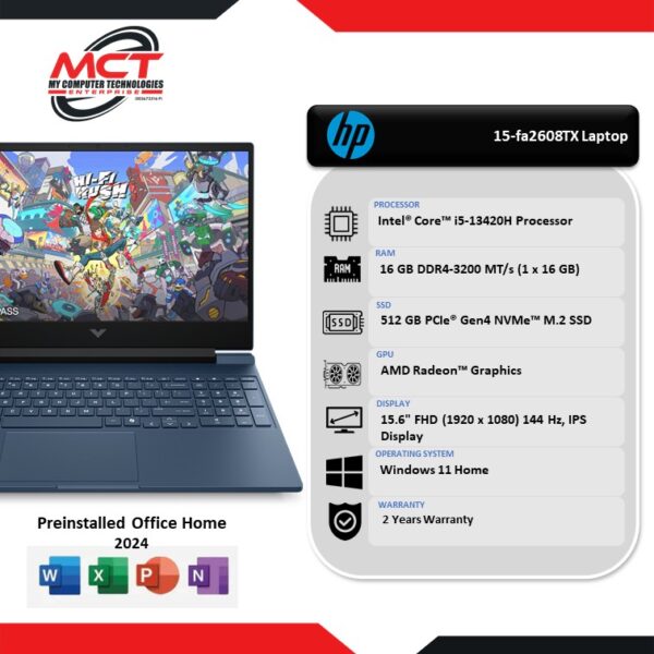 HP Victus 15-fa2608TX 15.6" FHD 144Hz Gaming Laptop (i5-13420H, 16GB DDR4, 512GB, RTX3050, W11, HS+M365, 2Y)