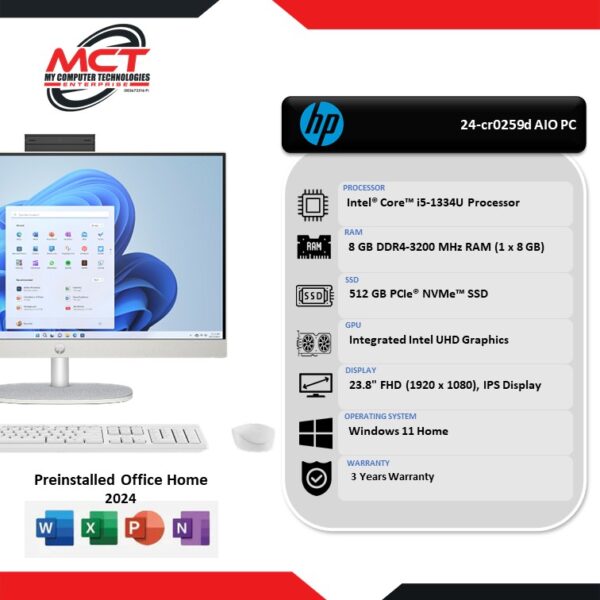 HP 24-cr0259d 23.8" FHD All-in-One Desktop PC Shell White (i5-1334U, 8GB DDR4, 512GB SSD, Intel, W11, H&S 2024+M365 , 3Y)