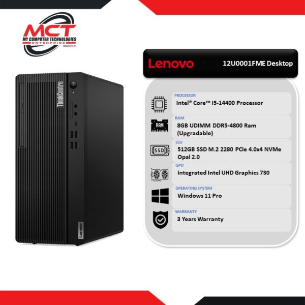 Lenovo ThinkCentre M70t 12U0001FME Tower Desktop PC Black (i5-14400, 8GB DDR5, 512GB SSD, Intel, W11P, 3Y)