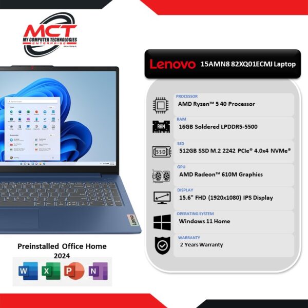 Lenovo IdeaPad Slim 3 15AMN8 82XQ01ECMJ 15.6" FHD Laptop (R5-40, 16GB LPDDR5, 512GB SSD, ATI, W11, HS+M365, 2Y)