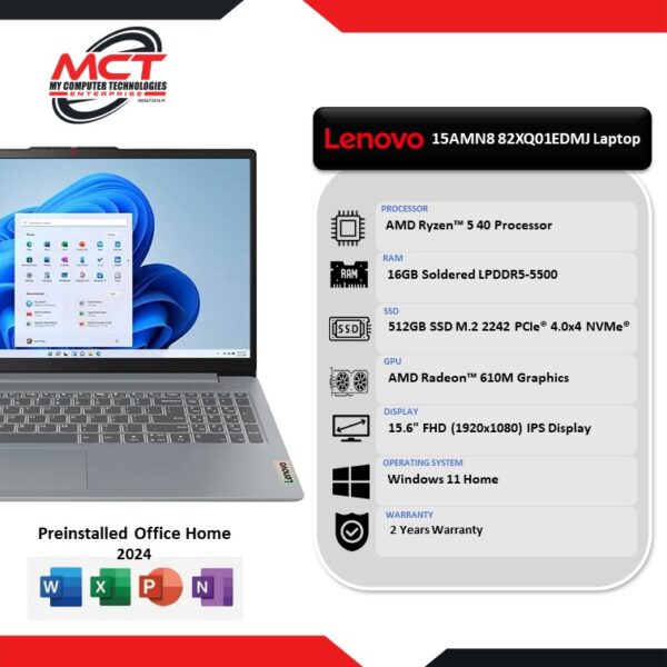 Lenovo IdeaPad Slim 3 15AMN8 82XQ01EDMJ 15.6" FHD Laptop (R5-40, 16GB LPDDR5, 512GB SSD, ATI, W11, HS+M365, 2Y)