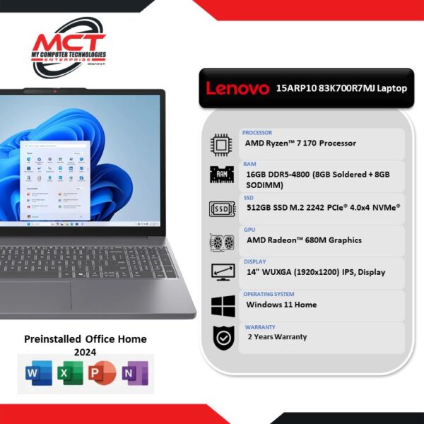 Lenovo IdeaPad Slim 3 15ARP10 83K700R7MJ 15.3" WUXGA Laptop (R7-170, 16GB DDR5, 512GB SSD, ATI, W11, HS+M365, 2Y)