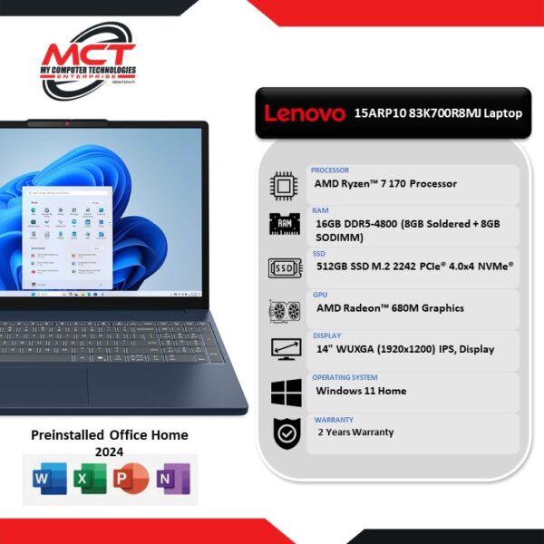 Lenovo IdeaPad Slim 3 15ARP10 83K700R8MJ 15.3" WUXGA Laptop (R7-170, 16GB DDR5, 512GB SSD, ATI, W11, HS+M365, 2Y)