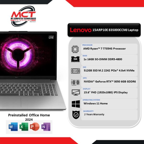 Lenovo LOQ 15ARP10E 83S000CCMJ 15.6" FHD 144Hz Gaming Laptop Luna Grey (R7-7735HS, 16GB DDR5, 512GB SSD, RTX3050 6GB, W11, HS, 2Y)