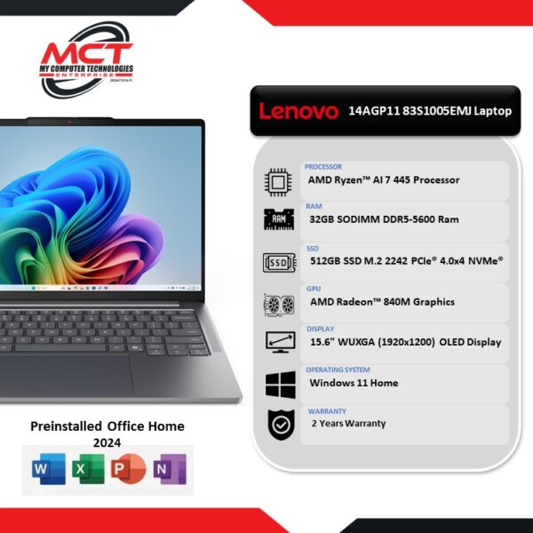 Lenovo IdeaPad Slim 5 14AGP11 83S1005EMJ 14" WUXGA OLED Laptop Luna Grey (AI 7 445, 32GB DDR5, 512GB SSD, Intel, W11, HS+M365, 2Y)