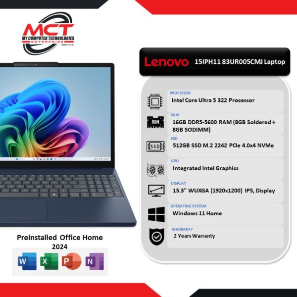 Lenovo IdeaPad Slim 3 15IPH11 83UR005CMJ 15.3" WUXGA Laptop (CU5-322, 16GB DDR5, 512GB, lntel, W11, HS+M365 , 2Y)