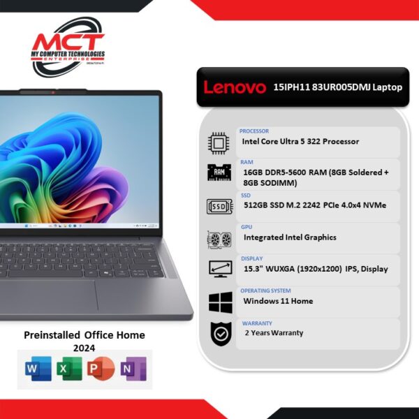 Lenovo IdeaPad Slim 3 15IPH11 83UR005DMJ 15.3" WUXGA Laptop (CU5-322, 16GB DDR5, 512GB, lntel, W11, HS+M365 , 2Y)