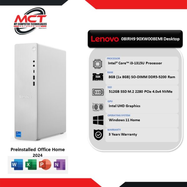 Lenovo IdeaCentre Tower 08IRH9 90XW008EMI Desktop PC Cloud Grey (i3-1315U, 8GB DDR5, 512GB SSD, Intel, W11, HS+M365, 3Y)