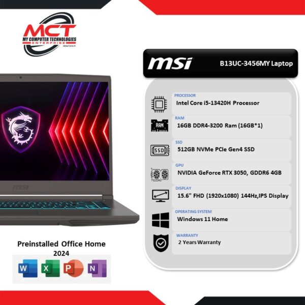 MSI Thin 15 B13UC-3456 15.6'' FHD Gaming Laptop Cosmos Gray (i5-13420H, 16GB DDR4, 512GB SSD, RTX3050 4GB, W11, HS+M365 , 2Y)