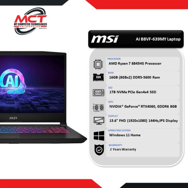 MSI Katana A15 AI B8VF-639 15.6'' FHD Gaming Laptop (R7-8845HS, 16GB DDR5, 1TB SSD, RTX 4060 8GB, W11, 2Y)