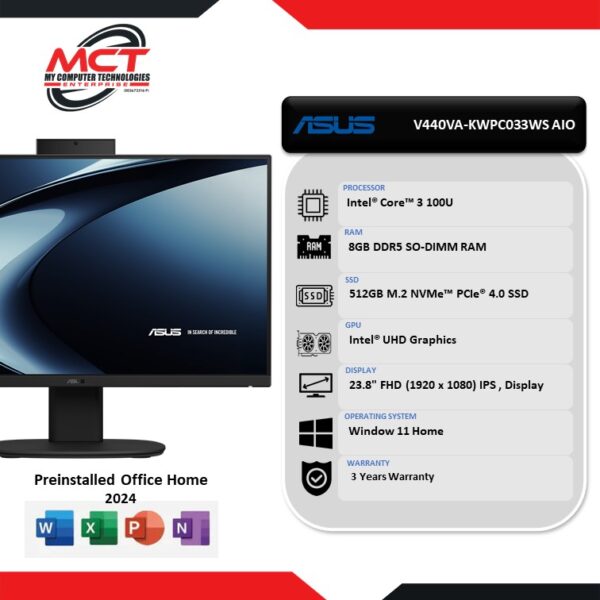 ASUS AIO V440VA-KWPC033WS All In One Desktop (C3-100U, 8GB DDR5, 512GB SSD, W11, Intel® UHD, HS+M365 , 3Y)