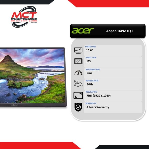 Acer Aopen 16PM1Q J 15.6" FHD IPS 60Hz Portable Monitor (1920 x 1080, 15.6", IPS, 6MS, 60Hz, 3 YEARS WARRANTY)