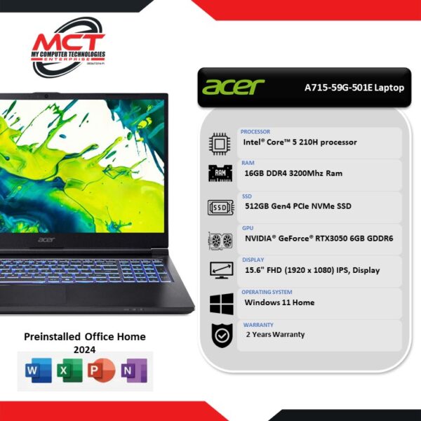 ACER ASPIRE 7 A715-59G-501E 15.6" 144Hz Gaming Laptop (C5-210H, 16GB DDR4, 512GB SSD, RTX3050, W11, HS+M365, 2Y)