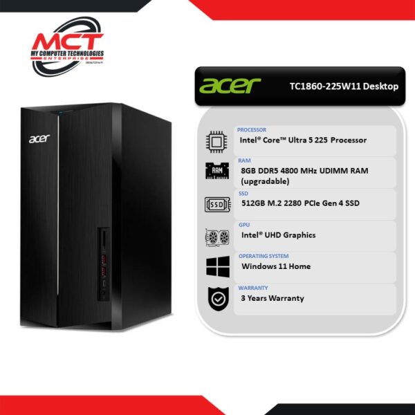 Acer Aspire TC1860-225W11 Desktop PC Black (CU5-225, 8GB DDR5, 512GB SSD, Intel, W11, 3Y)