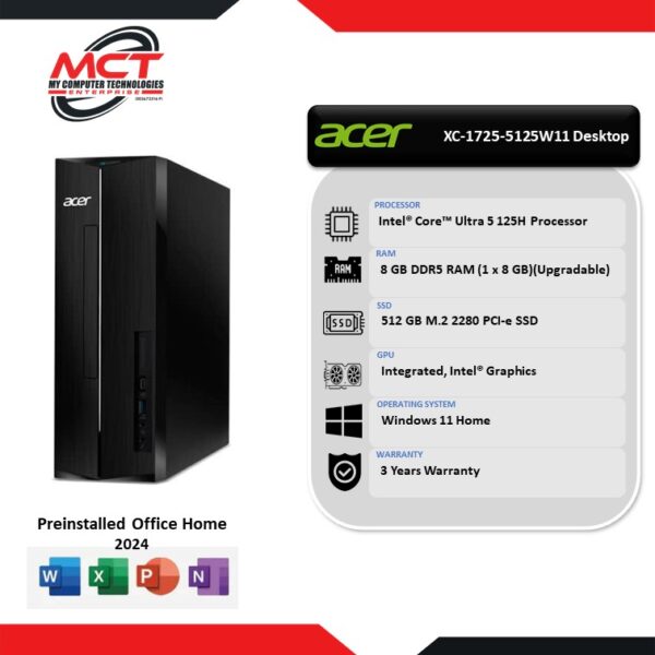 Acer Aspire XC-1725-5125W11 Desktop PC (CU5-125H, 8GB DDR5, 512GB SSD, Intel, W11, H&S 2024&M365, 3Y)