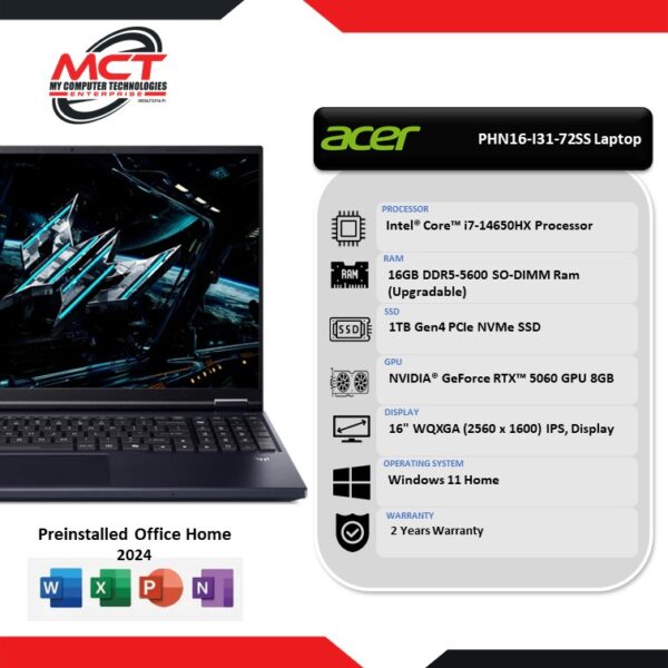 Acer Predator Helios Neo 16 PHN16-I31-72SS 16'' WQXGA 180Hz Gaming Laptop Black (i7 14650HX, 16GB DDR5, 1TB SSD, RTX5060, W11, H&S 2024&M365, 2Y)