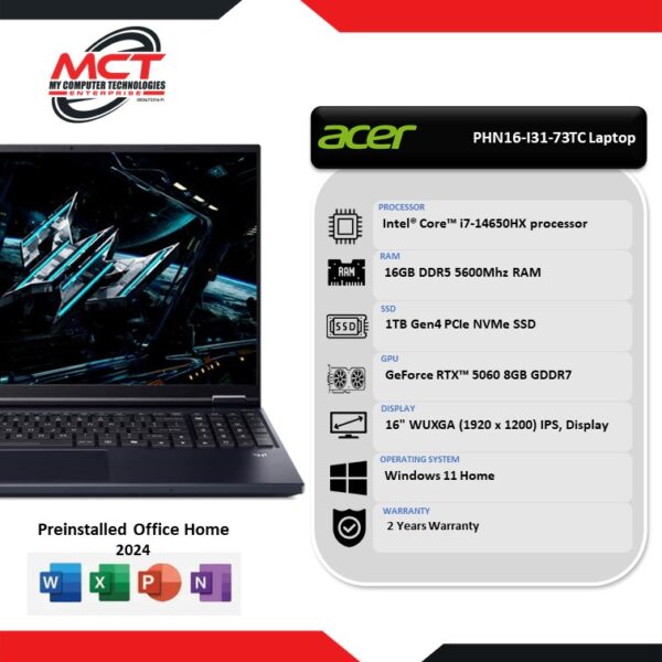Acer Predator Helios Neo 16 PHN16-I31-73TC 16" Gaming Laptop (i7-14650HX, 16GB DDR5, 1TB SSD, RTX5060, W11H, H&S+365 Basic, 2Y)