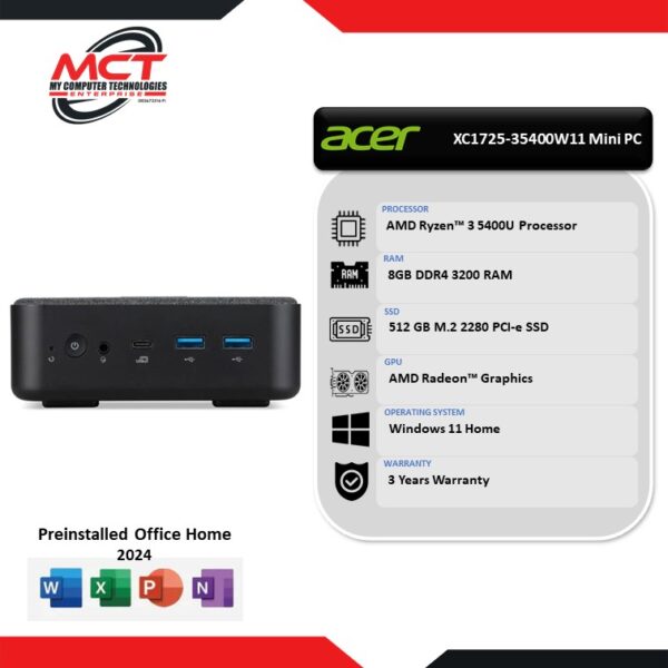 Acer Aspire XC1725-35400W11 Desktop PC Black (R3 5400U, 8GB DDR4, 512GB SSD, ATI, W11, HS+M365, 3Y)