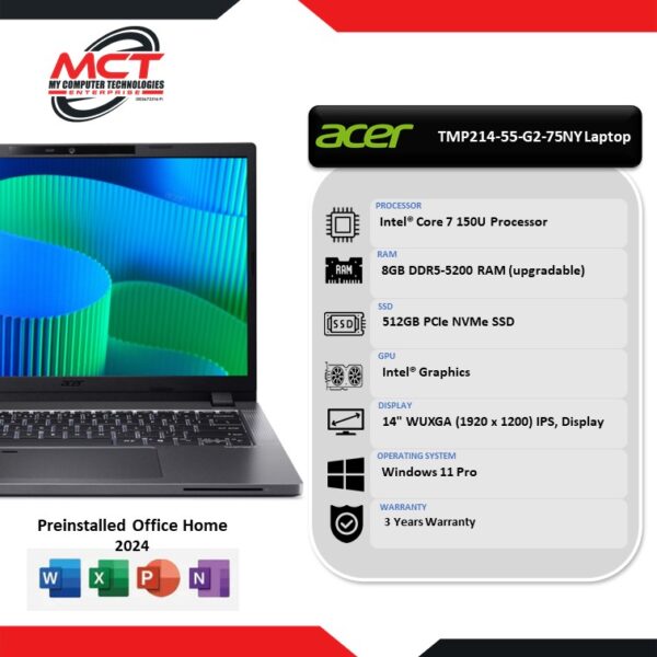 Acer TravelMate TMP214-55-G2-75NY 14'' WUXGA Laptop Grey (C7-150U, 8GB DDR5, 512GB SSD, Intel, W11P, 3Y)