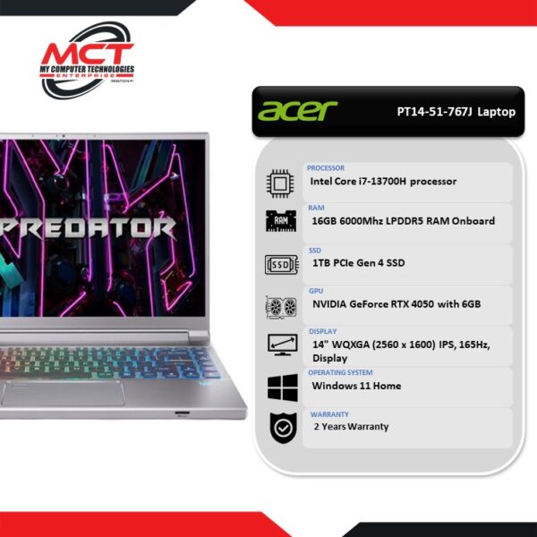 Acer Predator Triton 14 PT14-51-767J 14.0" 165Hz Gaming Laptop (i7-13700H, 16GB LPDDR5, 1TB SSD, RTX4050, W11, 2Y)