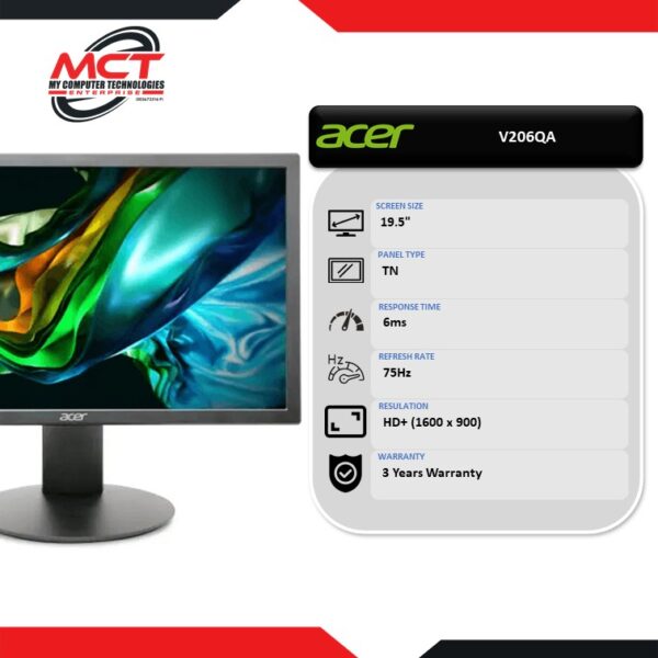 Acer V206QA 19.5" HD+ Monitor (1600 x 900, 19.5", TN, 6MS, 75Hz, 3 YEARS WARRANTY)