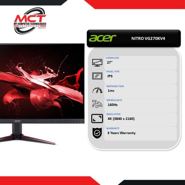 Acer NITRO VG270KV4 27" 4K Gaming Monitor (3840 x 2160, 27", IPS, 1MS, 160Hz, 3 YEARS WARRANTY)
