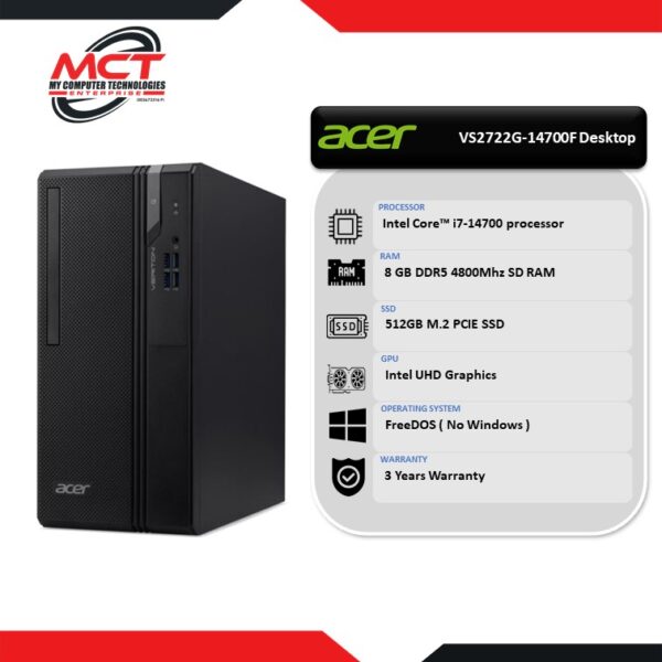 Acer Veriton 2000 VS2722G-14700 Desktop PC (i7-14700, 8GB DDR5, 512GB SSD, Intel, DOS, 3Y)