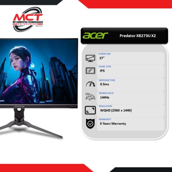 Acer Predator XB273U X2 27" 144Hz Acer Gaming Monitor (2560 x 1440, 27", IPS, 0.5MS, 144Hz, 3 YEARS WARRANTY)