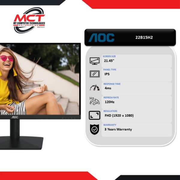 AOC 22B15H2 21.45" FHD 120Hz IPS Monitor (1920 x 1080, 21.45", IPS, 4MS, 120Hz, 3 YEARS WARRANTY)