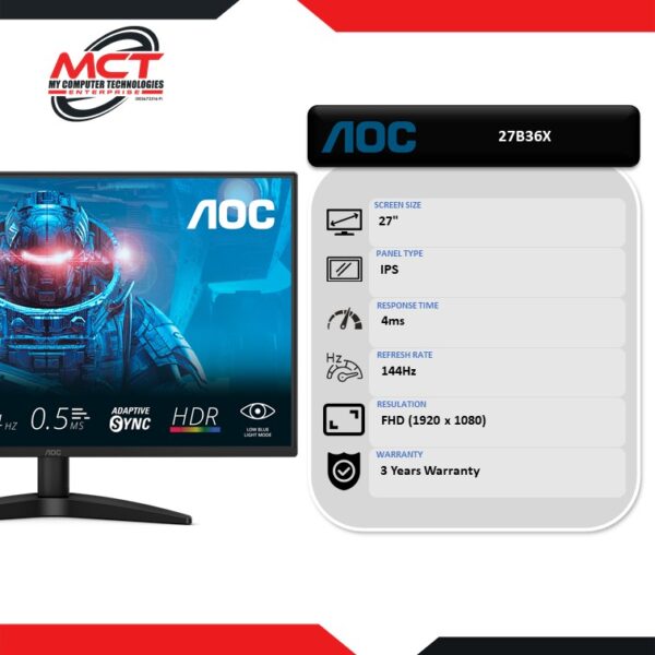 AOC 27B36X 27" FHD 144Hz IPS Monitor (1920 x 1080, 27", IPS, 4MS, 144Hz, 3 YEARS WARRANTY)