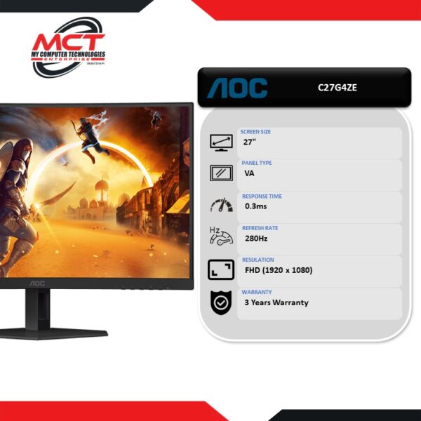 AOC C27G4ZE 27" FHD Curved Gaming Monitor (1920 x 1080, 27", VA, 0.3MS, 280Hz, 3 YEARS WARRANTY)